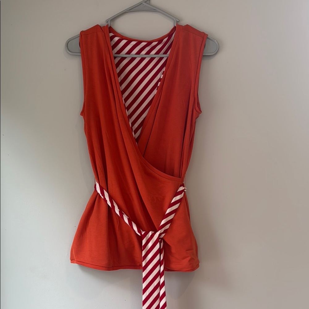 Serra faux wrap sleeveless top with Belt Sash Orange Stripes Reversible Travel